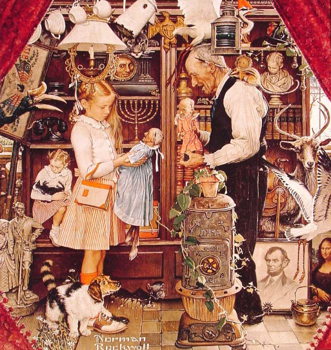 April Fool Girl with Shopkeeper. Norman Rockwell
