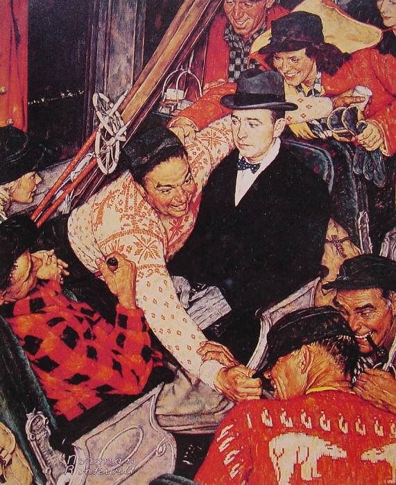 Skiers on a train. Norman Rockwell