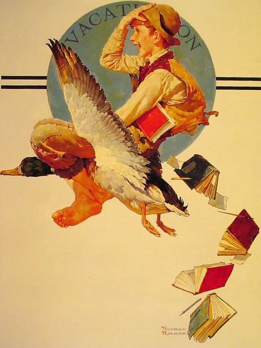 Vacation Boy Riding Goose. Norman Rockwell