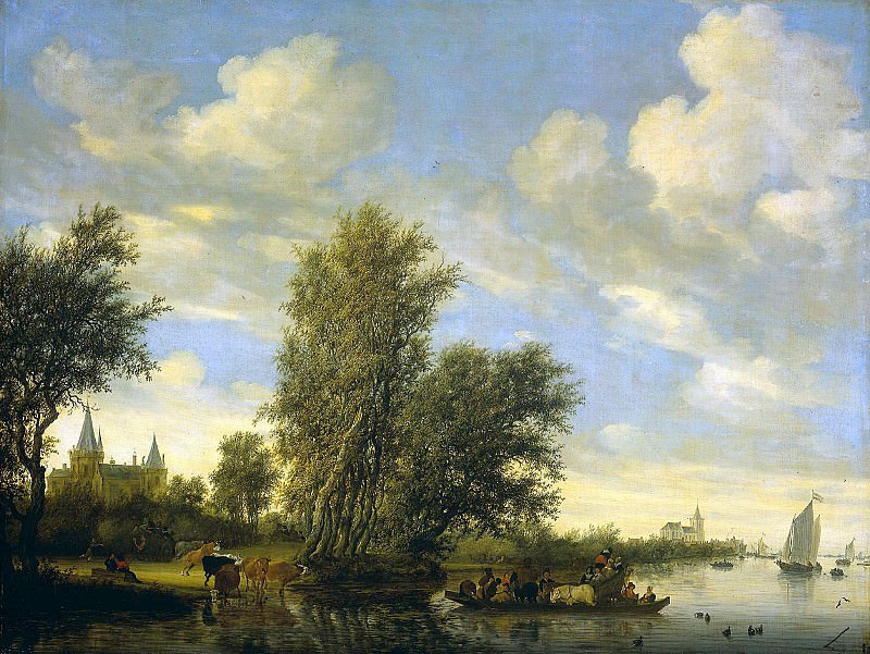 Ruysdael van Salomon Riverlandscape with ferry Sun. Salomon Van Ruysdael