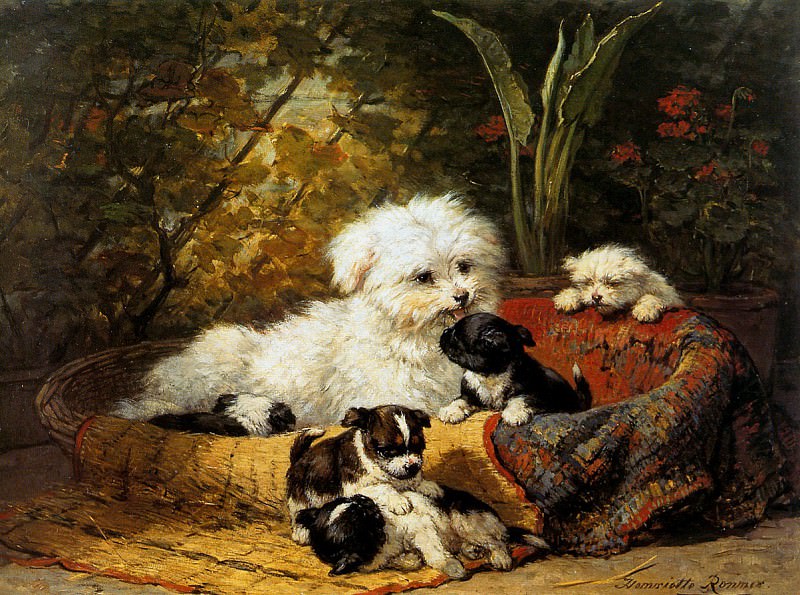 Собака со щенками в саду. Генриетта Роннер-Книп