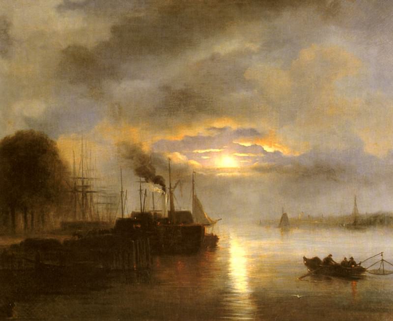 Rooseboom Nicolaas Johannes Vessels Before A Harbour Town By Moonlight. Николас Йоханнес Роузбум