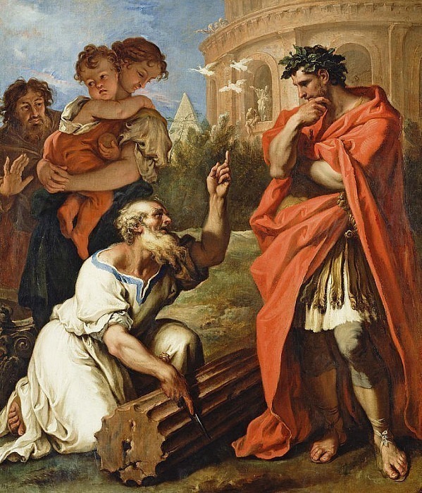 Tarquin the Elder consulting Attus Nevius the Augur. Sebastiano Ricci