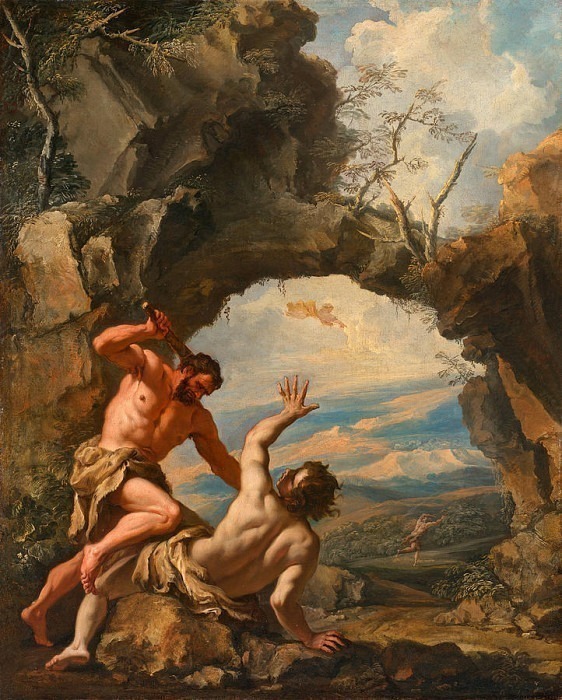 Каин поражает Авеля изгнанием Каина Богом из Эдемского сада. Себастьяно Риччи