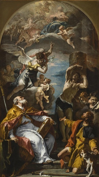 A Glory of the Virgin with the Archangel Gabriel and Saints Eusebius Roch and Sebastian. Sebastiano Ricci