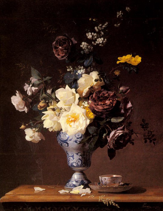 Rivoire Francois Roses And Other Flowers In A Blue And White Vase. Francois Rivoire