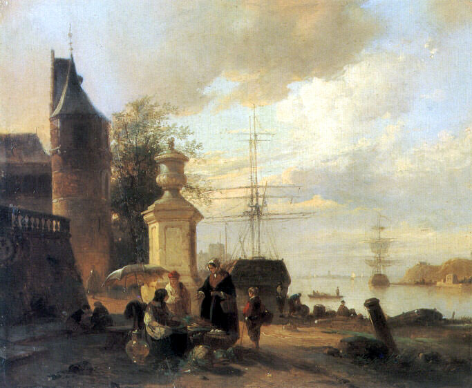 Figures At A Market Stall By A Harbour. Jan Michael Ruyten