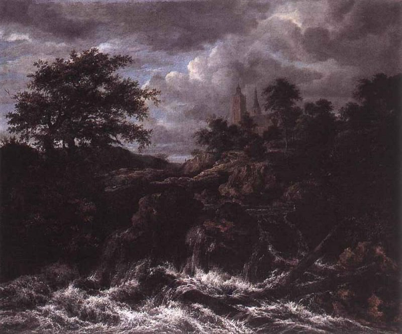 RUISDAEL Jacob Isaackszon van Waterfall By A Church. Jacob Van Ruisdael