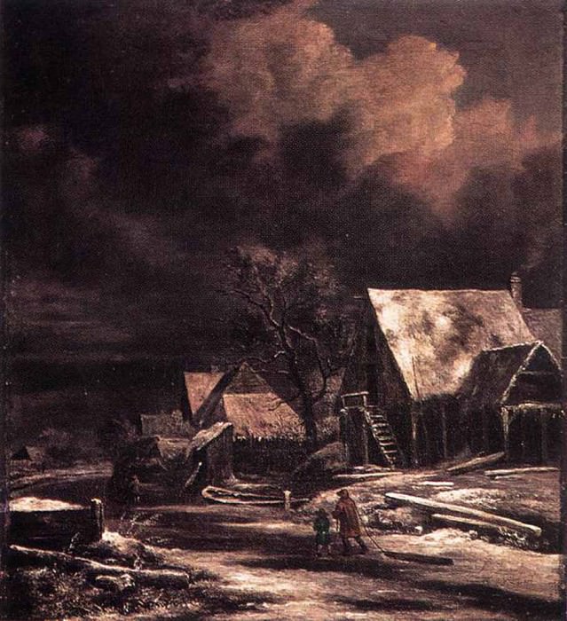 RUISDAEL Jacob Isaackszon van Village At Winter At Moonlight. Jacob Van Ruisdael