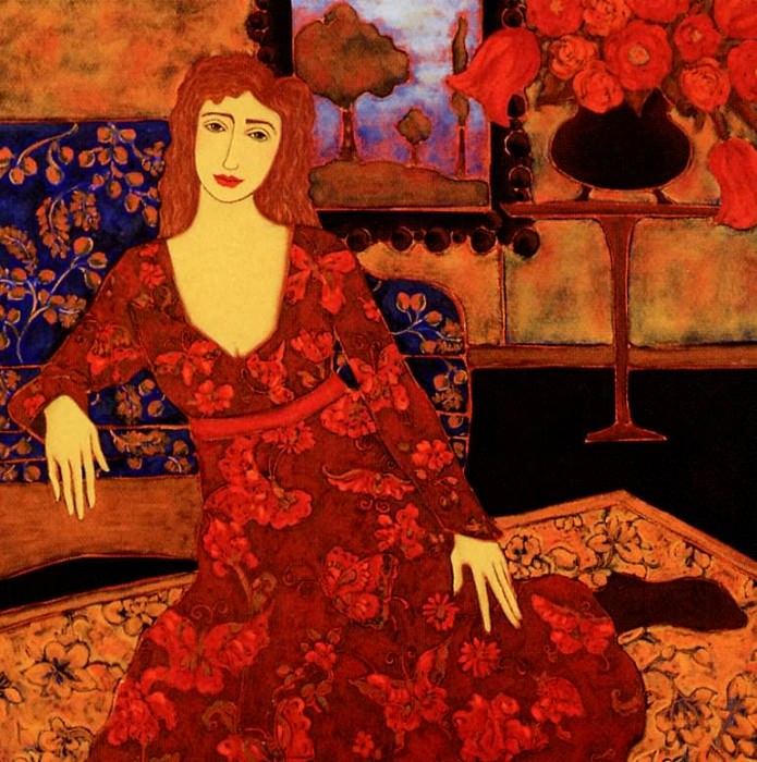 Karen Rieger - Woman with Red Blooms and Evening Landscape, D. Karen Rieger
