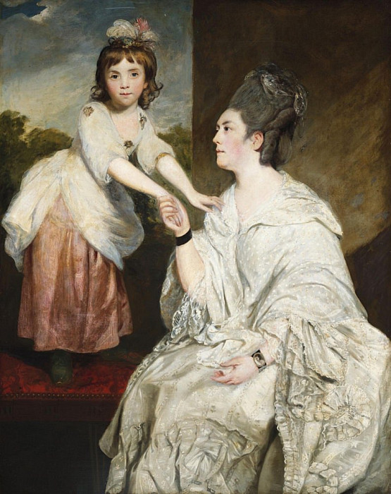 Portrait of Mrs. Sarah Otway, in white costume with her daughter Jane before a window, Joshua Reynolds