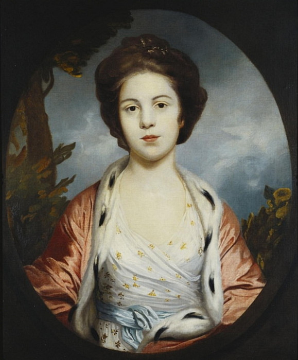 Portrait of Esther, Lady Wray, wearing a white dress, a gold and pink ermine-lined cloak, Joshua Reynolds