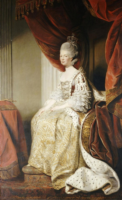 Portrait of Queen Charlotte, full length, seated in robes of state. Joshua Reynolds