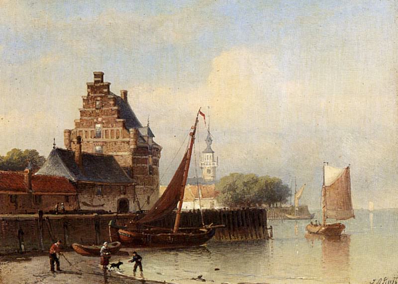 Fisherfolk On A Riverbank By A Town. Johann Adolphe Rust