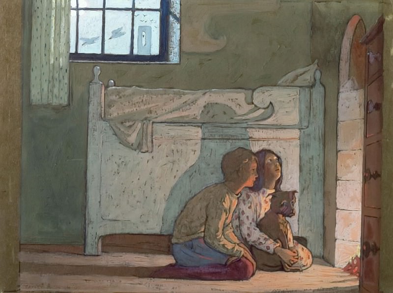 Study of children by a fire (possibly from The Bluebird by Maeterlinck). Frederick Cayley Robinson
