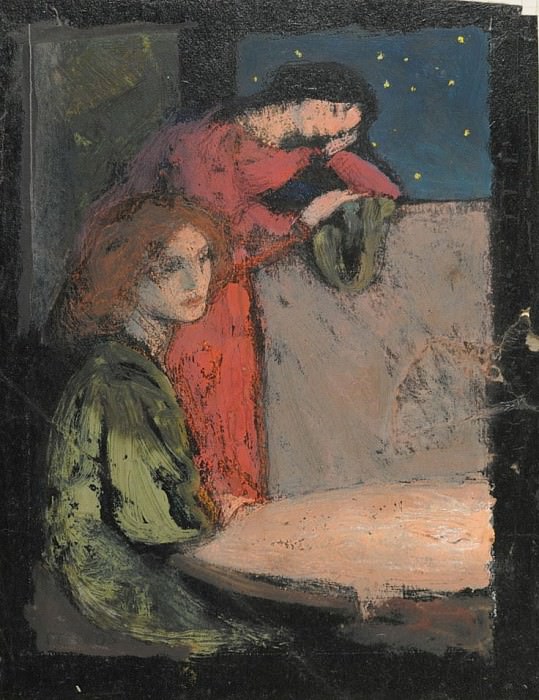 Two Girls by a Table Look out on a Starry Night. Frederick Cayley Robinson