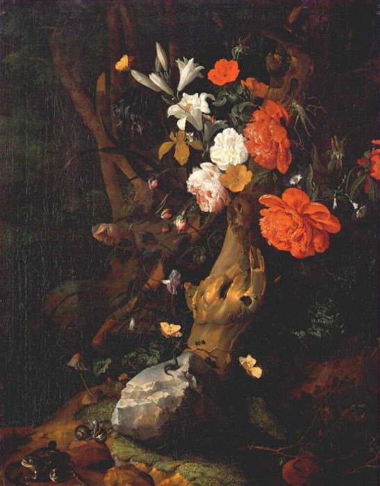 ruysch flowers on a tree trunk. Rachel Ruysch