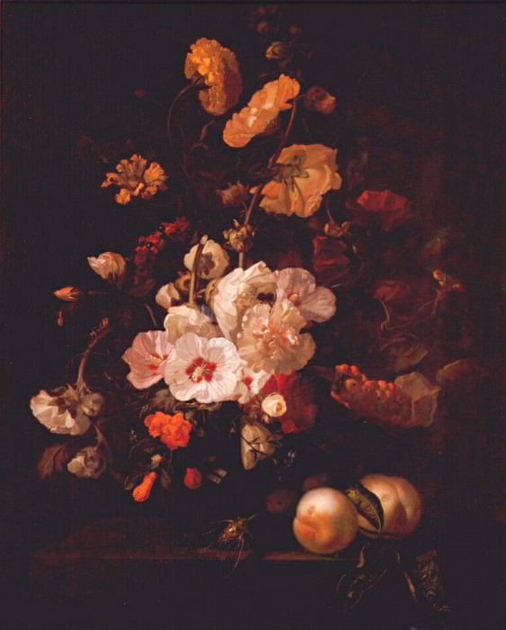 ruysch hollyhocks- other flowers on ledge with peaches 1701. Rachel Ruysch