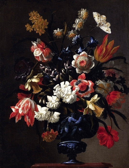 Bunch of flowers in blue carved vase. Giuseppe Recco