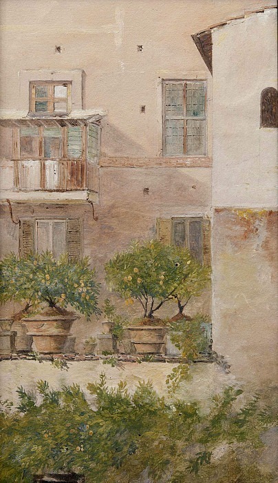 Italian Study. Patio with Lemon-Trees in Flowerpots