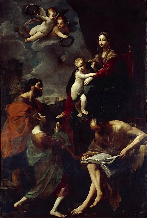 Мадонна с Младенцем на троне и трое святых. Гвидо Рени