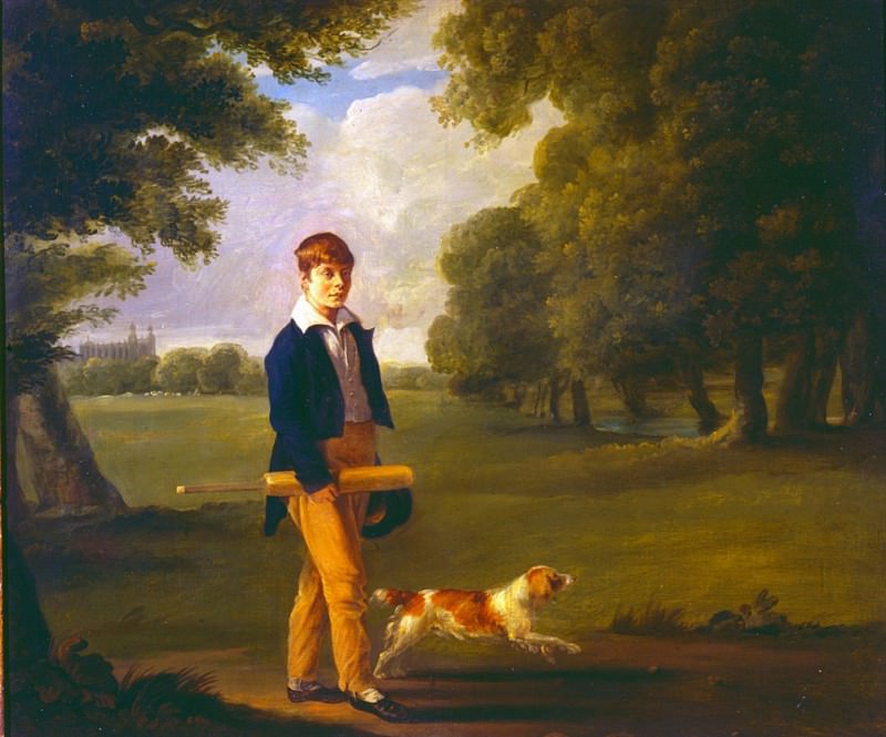 Young Man with a Cricket Bat Walking a Spaniel in the Grounds of Eton College. Ramsay Richard Reinagle