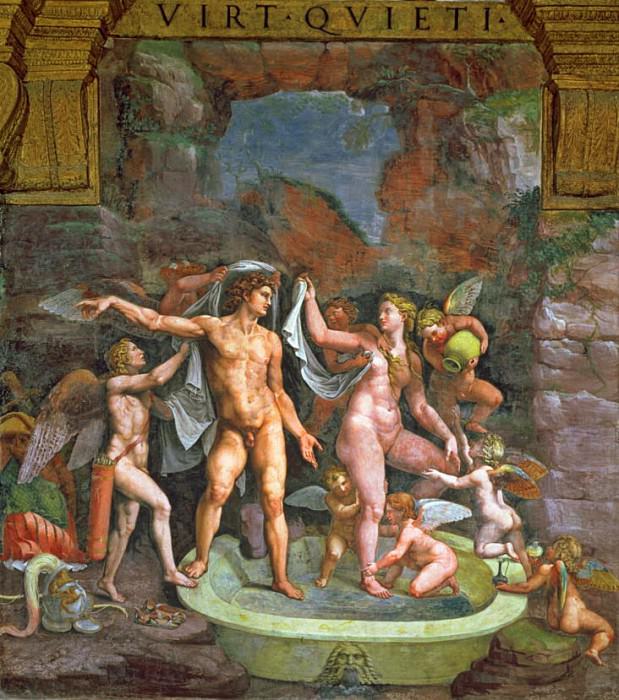 Mars and Venus bathing, aided by Cupid and putti from the Sala di Amore e Psiche. Giulio Romano
