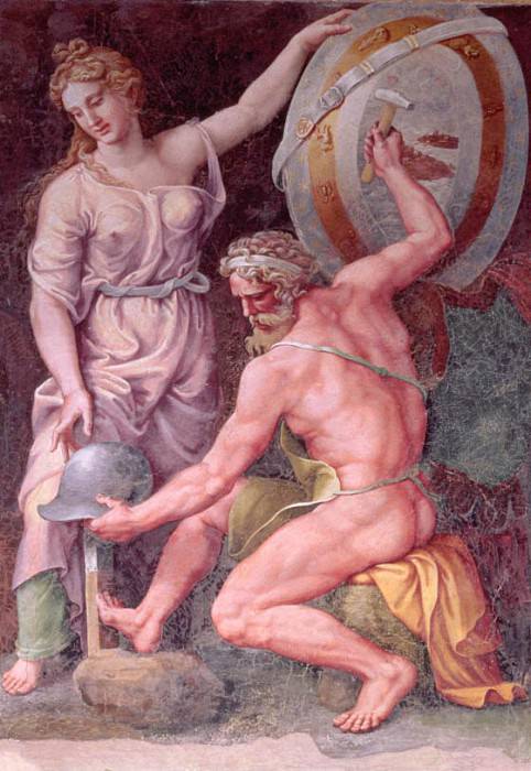 Vulcan forging the armour of Achilles. Giulio Romano