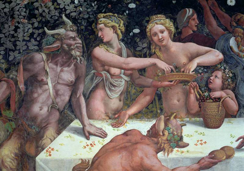 Two Horae scattering flowers, watched by two satyrs. Giulio Romano