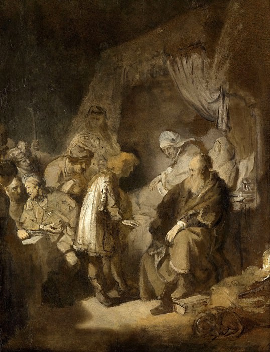 Jozef vertelt zijn dromen aan zijn ouders en zijn broers. Rembrandt Harmenszoon Van Rijn