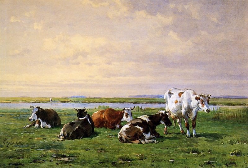 Stortenbeker Pieter Meadow landscape with cows Sun. Pieter Stortenbeker