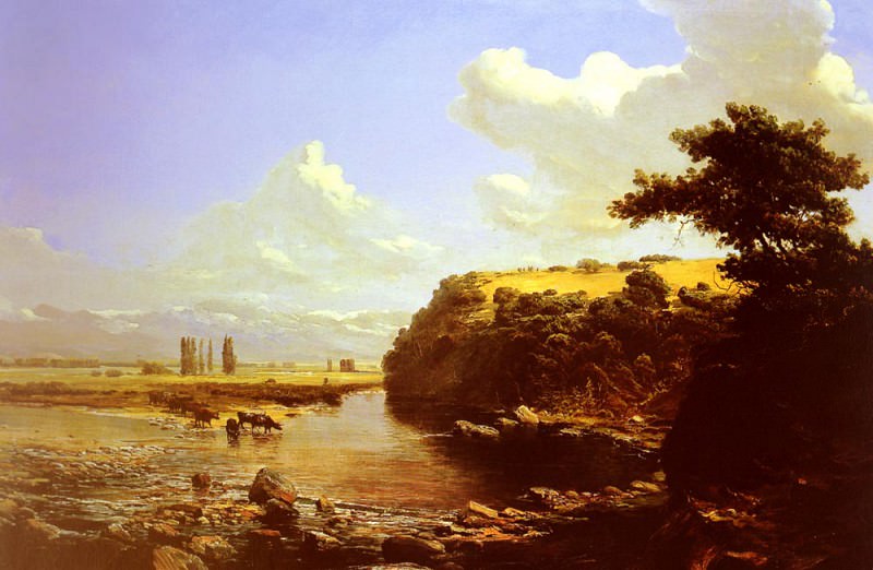 Somerscales Thomas Jacques Cattle Watering In A River Landscape. Томас Жак Сомерсетс