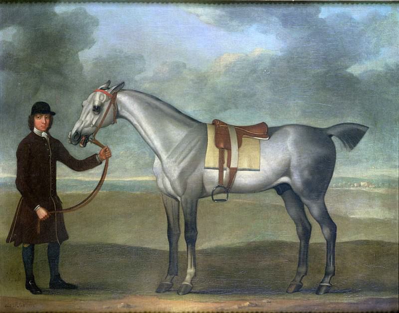 Grey racehorse held by a groom. James Seymour