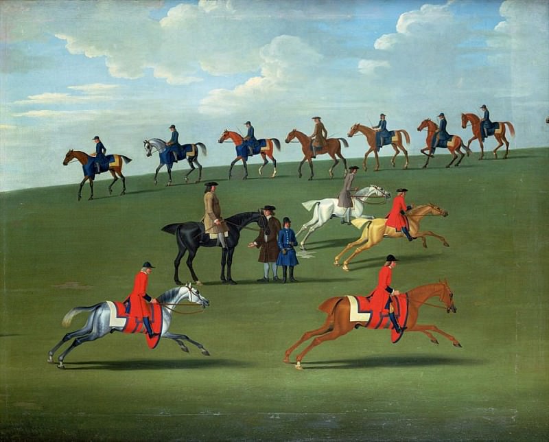 Скаковые лошади упражняются на поле. Джеймс Сеймур