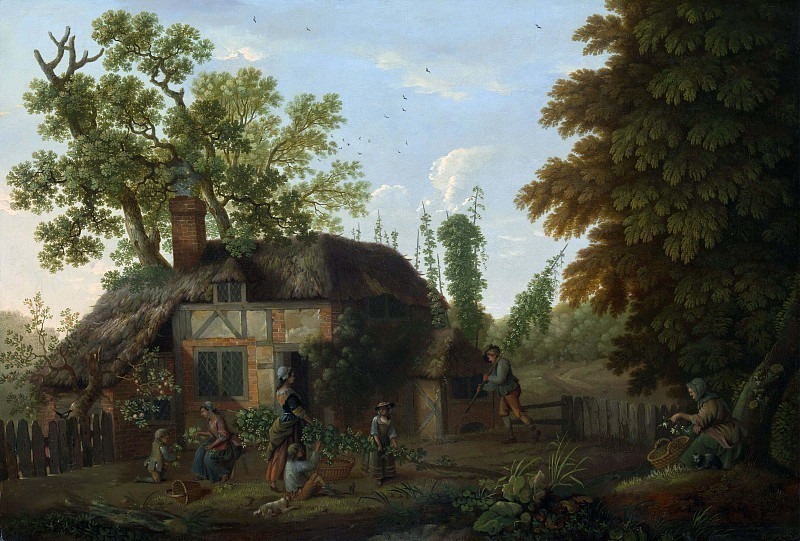 Hop Pickers Outside a Cottage