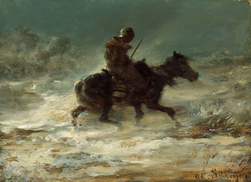 Man with Lance Riding through the Snow. Adolf Schreyer