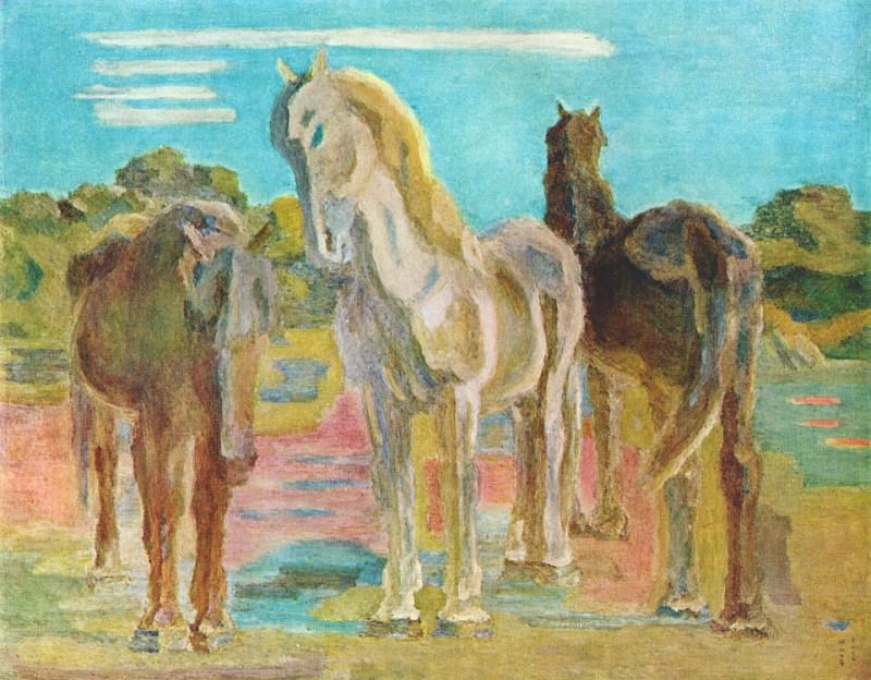 sakamoto hanjiro, three horses in a meadow 1932. Сакамото