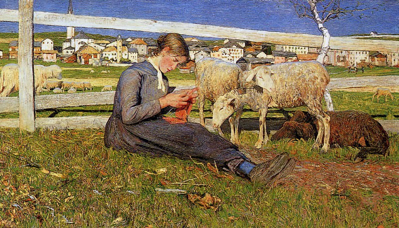 Segantini Giovanni Knitting girl Sun. Giovanni Segantini