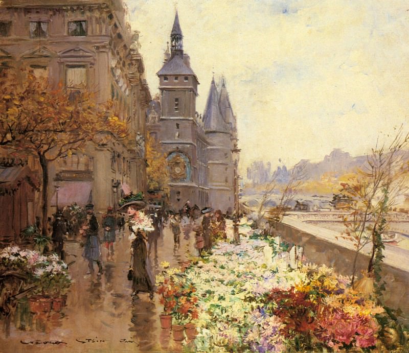 Stein Georges A Flower Market Along The Seine. Джордж Стейн