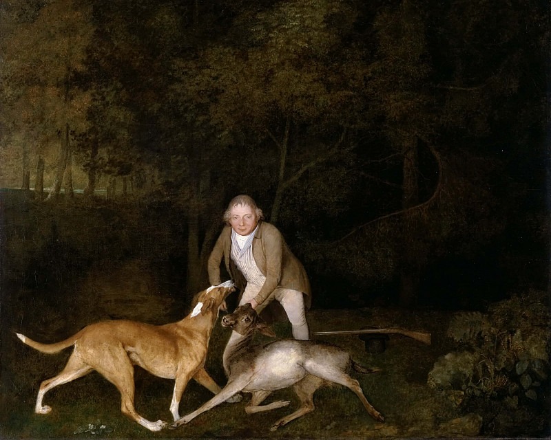 Freeman, the Earl of Clarendon’s gamekeeper, with a dying doe and hound. George Stubbs