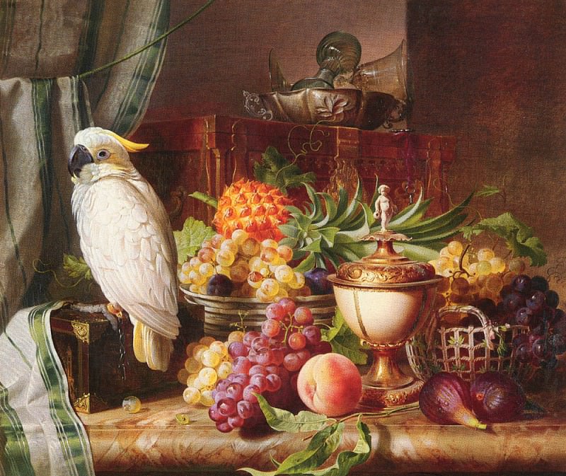 Schuster Josef STILL LIFE WITH FRUIT AND A COCKATOO. Josef Schuster
