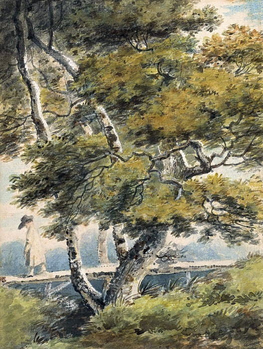 Trees, with a Man Crossing a Footbridge