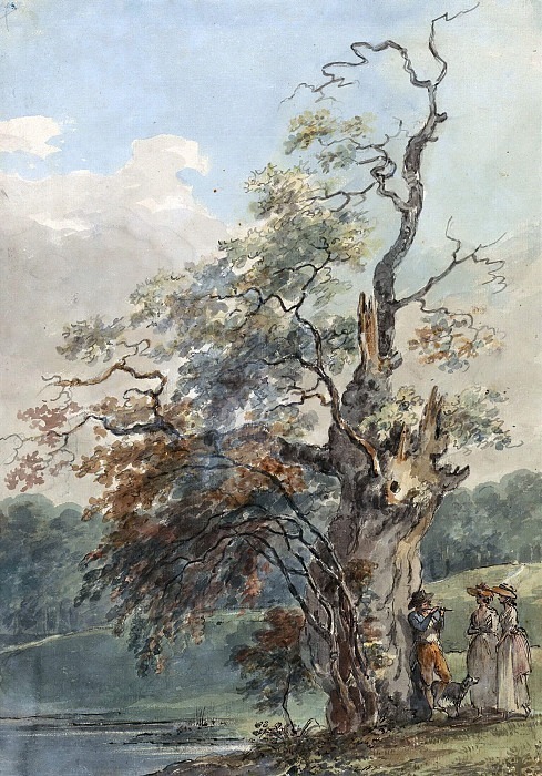 Пейзаж с человеком, играющим на дудке под старым деревом