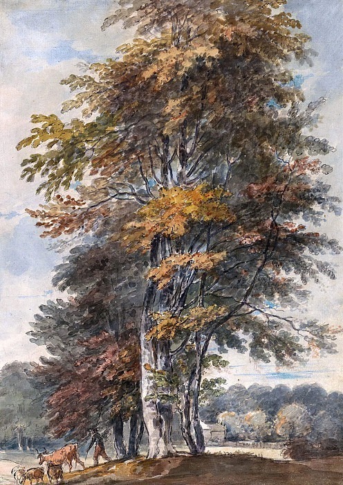 Landscape with beech trees and man driving cattle and sheep. Paul Sandby