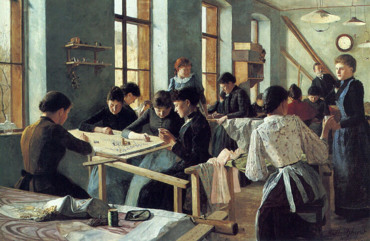 Ladies Embroidering in a Workshop. Heinrich Strehblow
