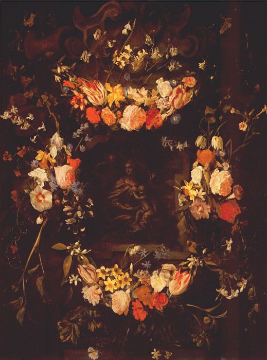 seghers-and-denys garland of flowers with holy family c1650. Daniel Seghers