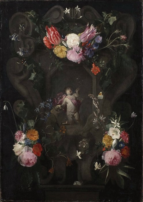 Flowers Around a Cartouche with an Image of Putto. Daniel Seghers (After)