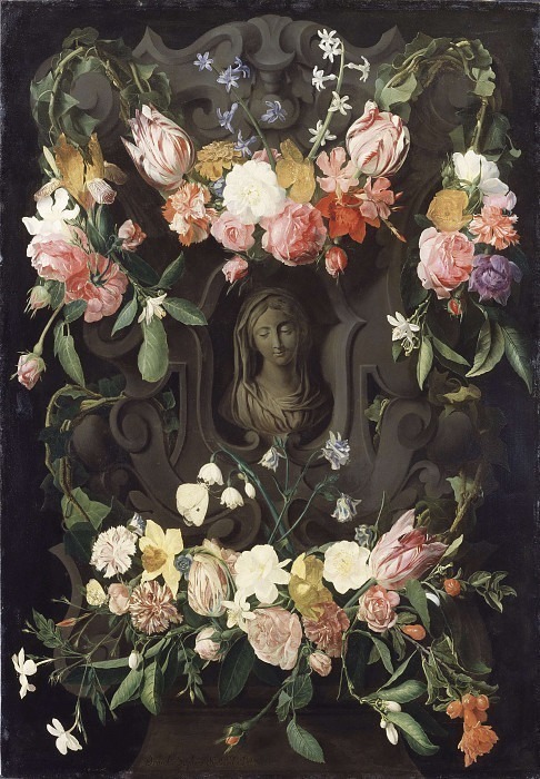 Цветы вокруг картуша с изображением Богородицы. Даниель Сегерс