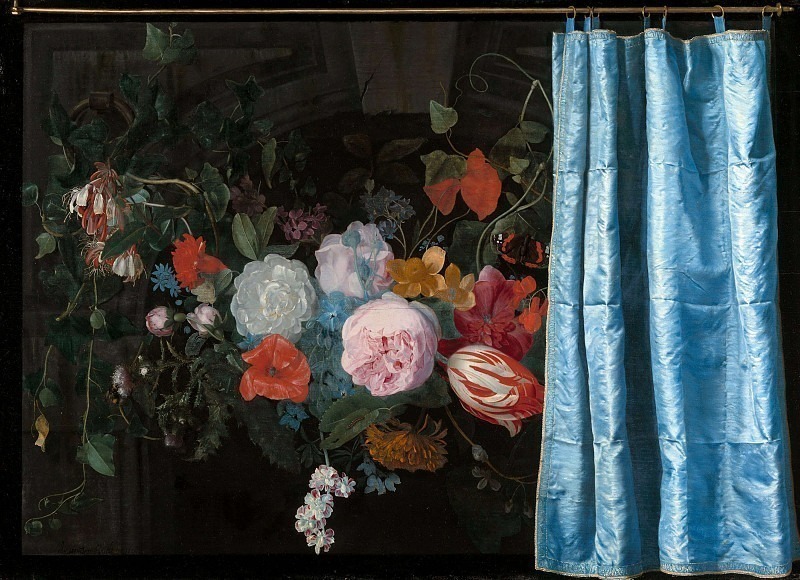 Trompe-l’Oeil Still Life with a Flower Garland and a Curtain. Adriaen Van Der Spelt