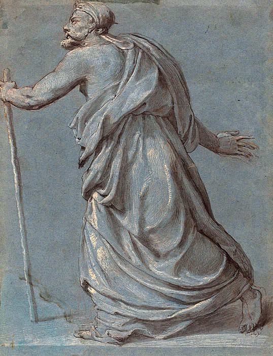 Study of a Man Walking towards the Left Holding a Staff. Girolamo Siciolante